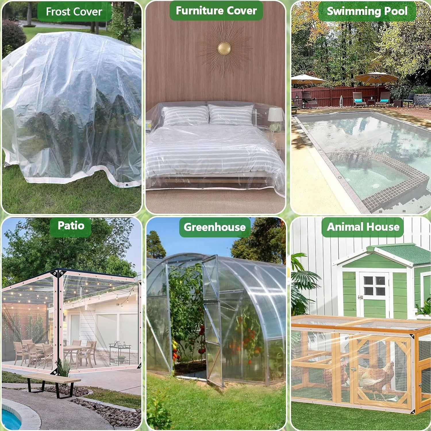 Waterproof Clear Tarps for Plant 6'6"x6'6" 6mil Greenhouse Plastic Sheeting Tarp Cover Against Rain Winter Snow & Wind, Thickened Tear Resistant Vinyl Tarpaulin for Garden Patio Porch Animal