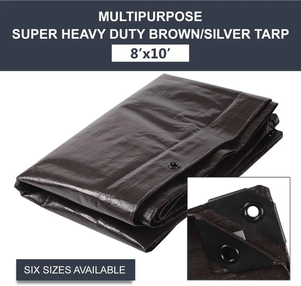 Waterproof Tarp 9 Mil Thick Rust, Tear Proof Heavy Duty Camping Colored Tarp with Grommets and Reinforced Edges 8'x10' Brown/Silver