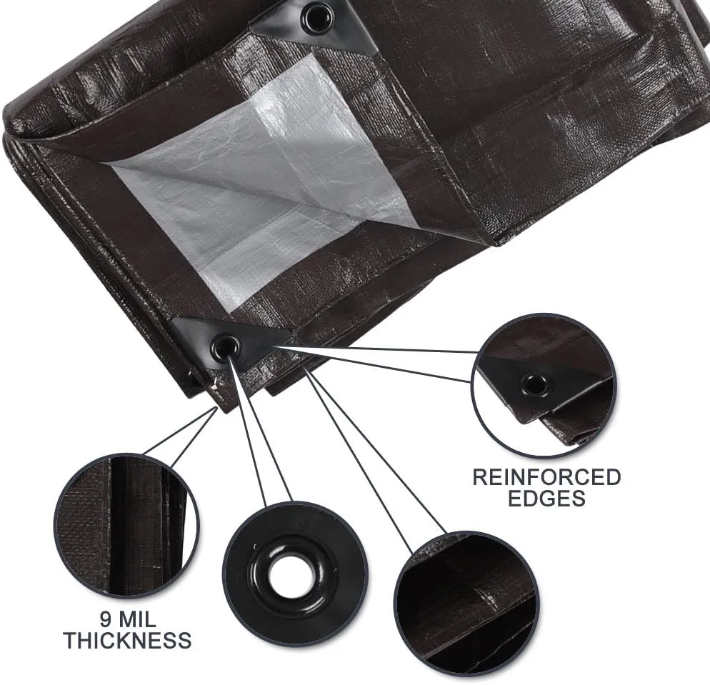 Waterproof Tarp 9 Mil Thick Rust, Tear Proof Heavy Duty Camping Colored Tarp with Grommets and Reinforced Edges 8'x10' Brown/Silver