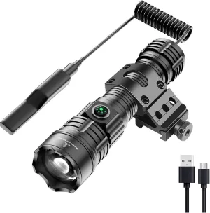 WINDFIRE Picatinny Tactical Flashlight Rechargeable LED Weapon Lights Super Bright 3 Modes 250 Yards Long Range Flashlights Rifle Light with Rail Mount, Remote Pressure Switch