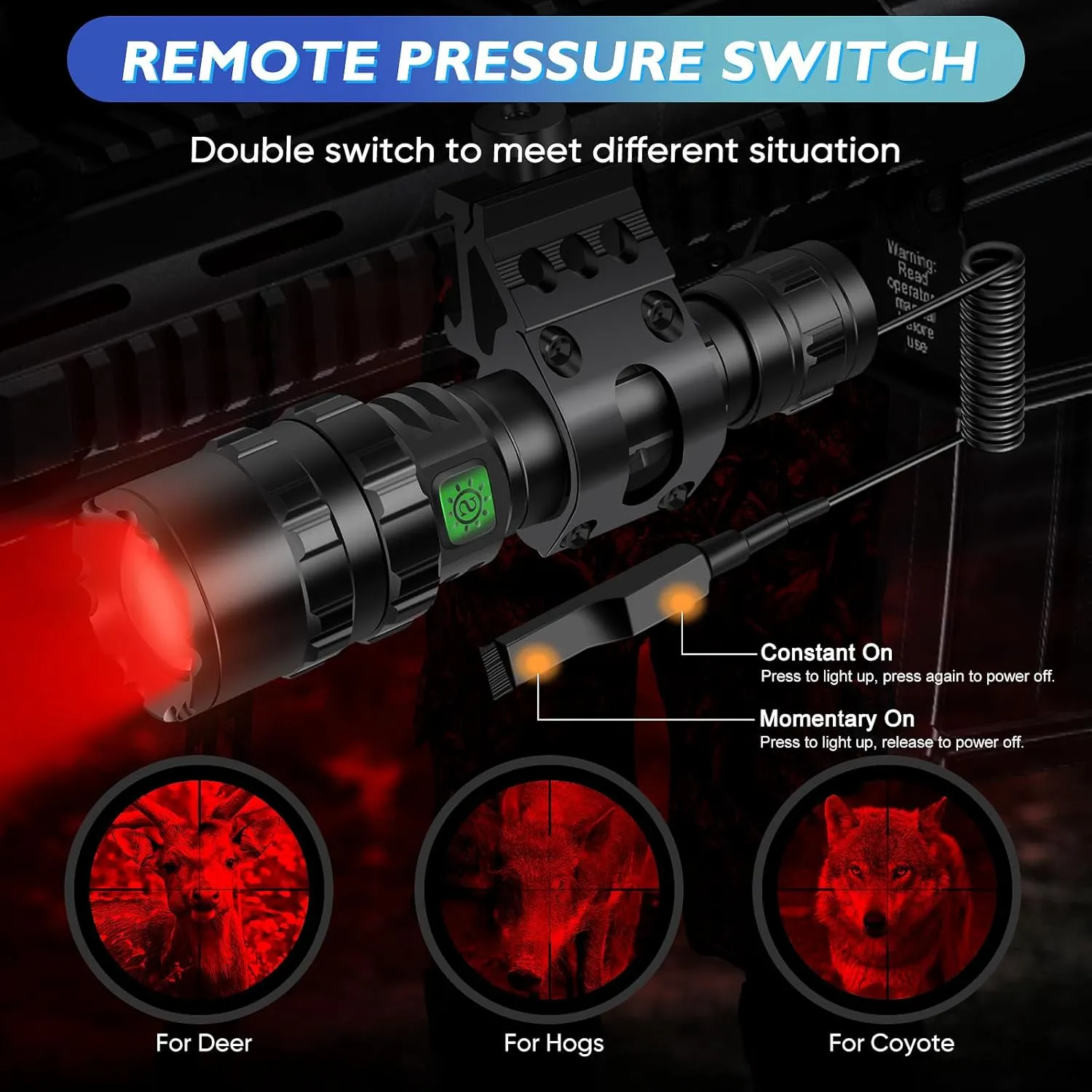 WINDFIRE Red Light Tactical Flashlight Red Hunting Light Rechargeable, 5 Modes Long Range Flashlight for Hunting, Coyote Hog Red Torch with Picatinny Rail Mount and Pressure Switch