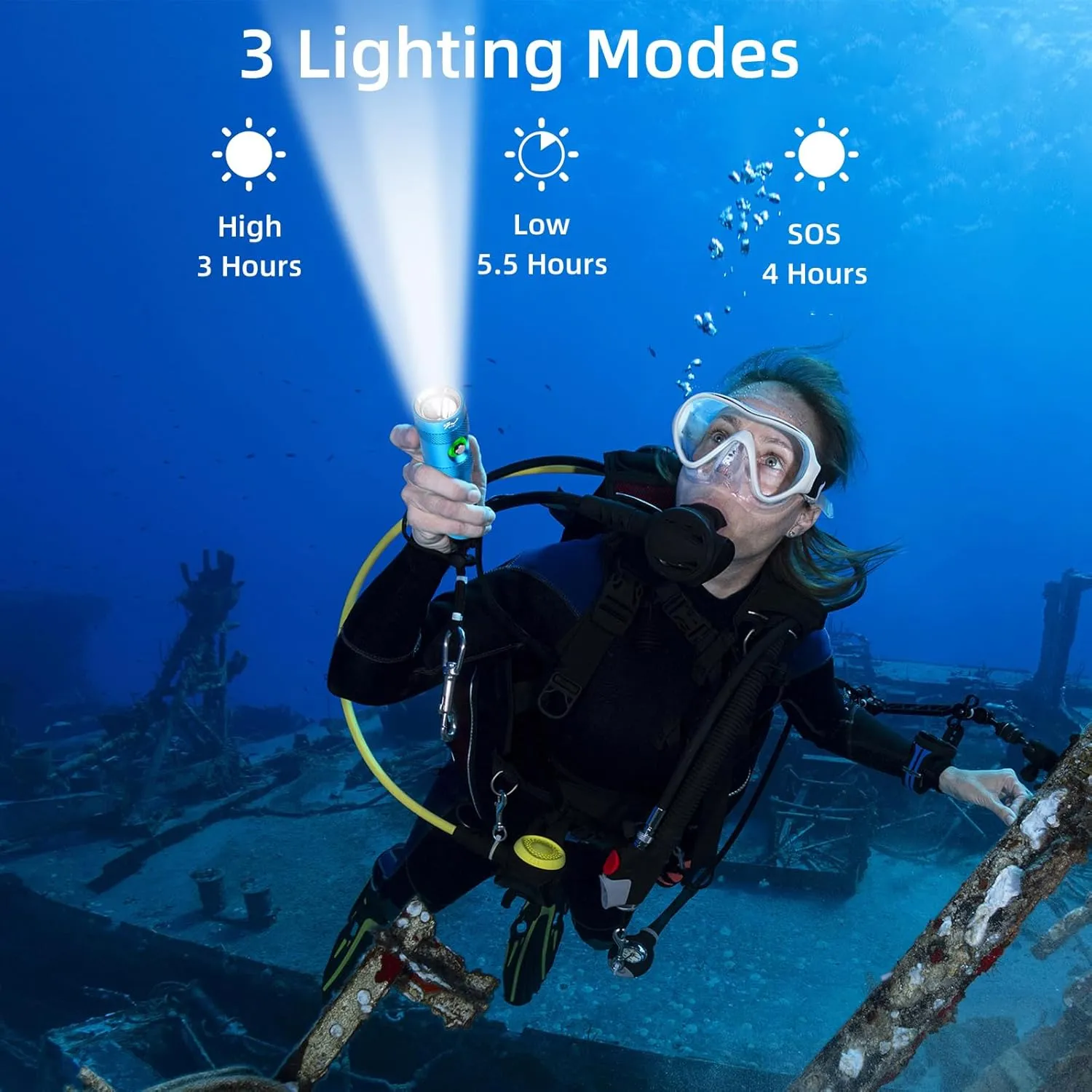 WINDFIRE Scuba Diving Light – Super Bright Diving Flashlight with 3 Modes & Power Indicator, IP68 Waterproof Rechargeable Underwater Torch for Scuba Diving, Snorkeling, and Underwater Exploration
