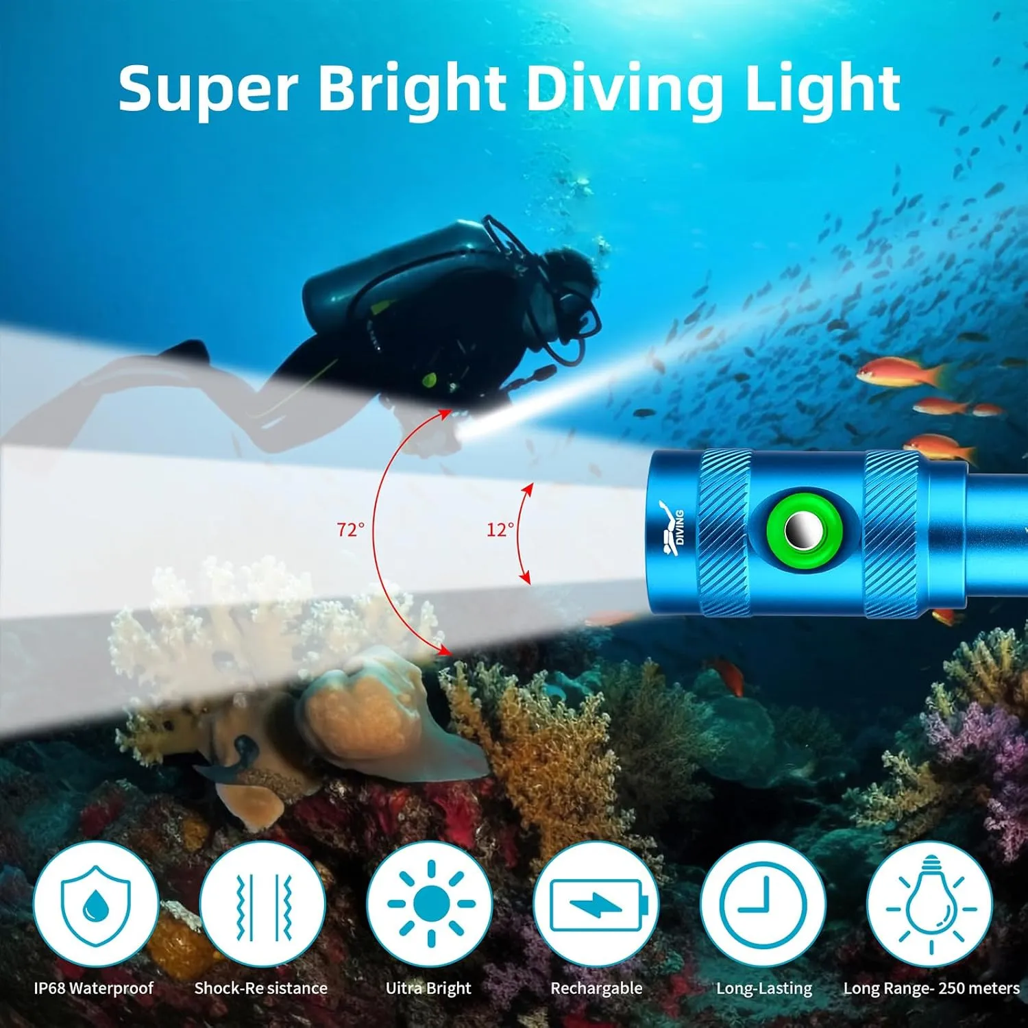 WINDFIRE Scuba Diving Light – Super Bright Diving Flashlight with 3 Modes & Power Indicator, IP68 Waterproof Rechargeable Underwater Torch for Scuba Diving, Snorkeling, and Underwater Exploration