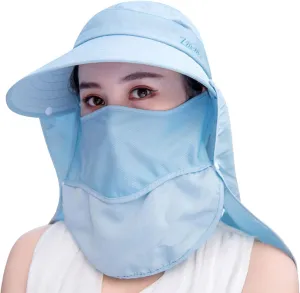 Women Wide Brim Face Mask Sun Hat Detachable Neck Face Flap Ponytail UV Protection Visor Hat Garden Fishing Hiking