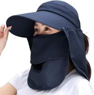Women Wide Brim Face Mask Sun Hat Detachable Neck Face Flap Ponytail UV Protection Visor Hat Garden Fishing Hiking