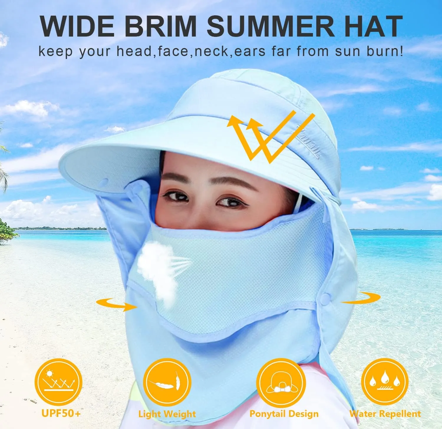 Women Wide Brim Face Mask Sun Hat Detachable Neck Face Flap Ponytail UV Protection Visor Hat Garden Fishing Hiking