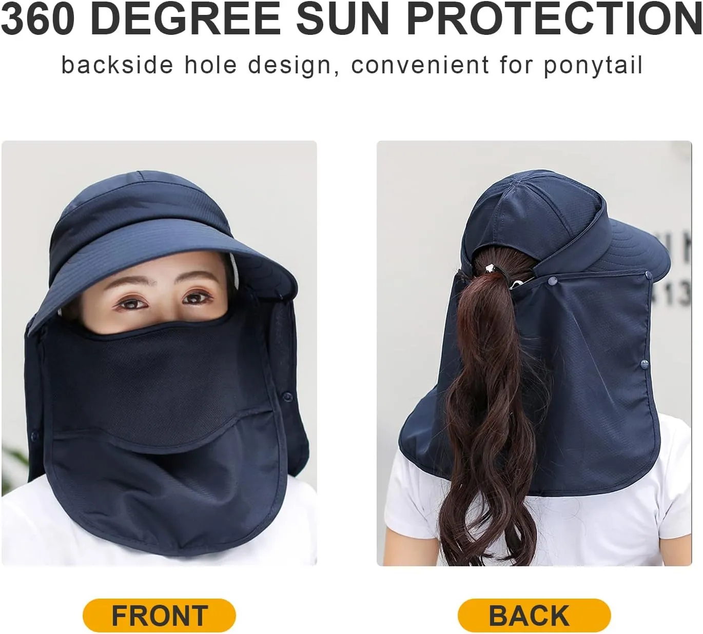 Women Wide Brim Face Mask Sun Hat Detachable Neck Face Flap Ponytail UV Protection Visor Hat Garden Fishing Hiking