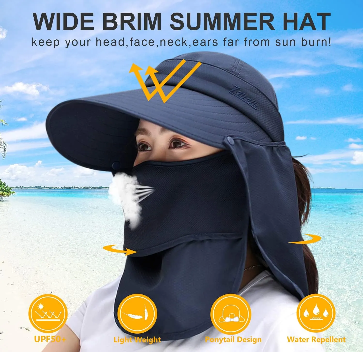 Women Wide Brim Face Mask Sun Hat Detachable Neck Face Flap Ponytail UV Protection Visor Hat Garden Fishing Hiking