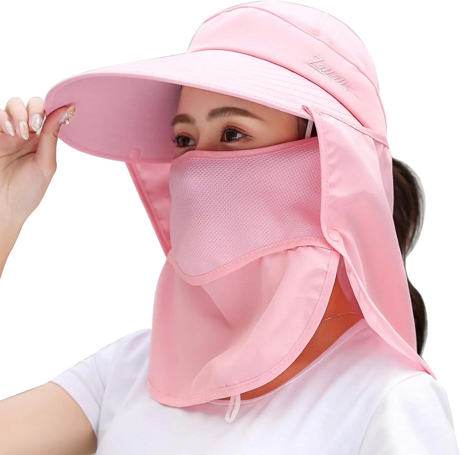Women Wide Brim Face Mask Sun Hat Detachable Neck Face Flap Ponytail UV Protection Visor Hat Garden Fishing Hiking