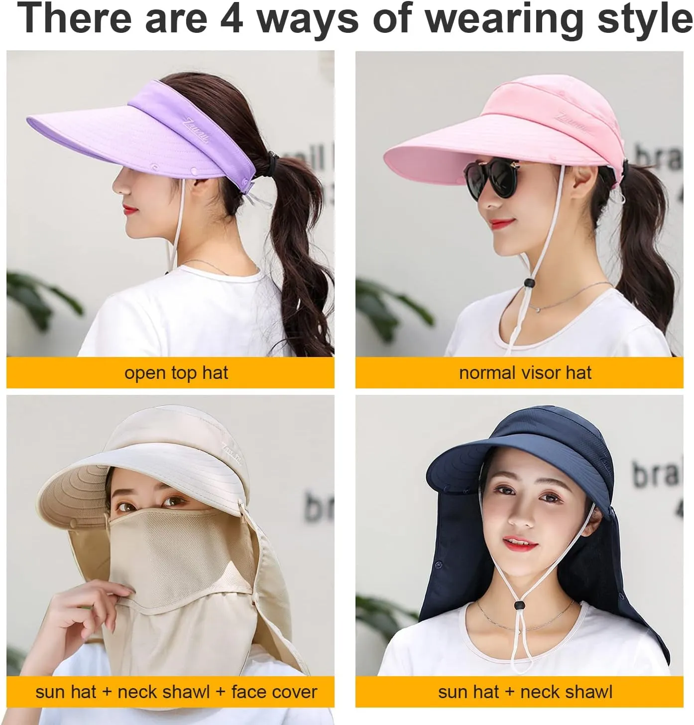 Women Wide Brim Face Mask Sun Hat Detachable Neck Face Flap Ponytail UV Protection Visor Hat Garden Fishing Hiking