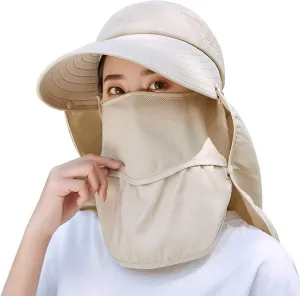 Women Wide Brim Face Mask Sun Hat Detachable Neck Face Flap Ponytail UV Protection Visor Hat Garden Fishing Hiking
