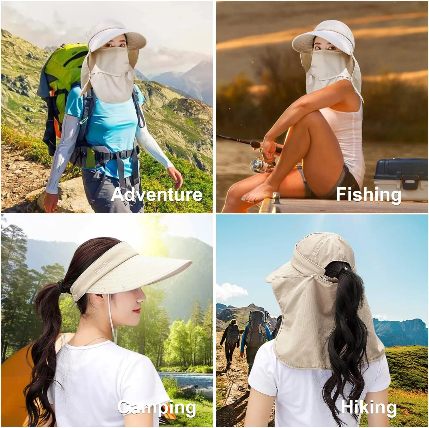 Women Wide Brim Face Mask Sun Hat Detachable Neck Face Flap Ponytail UV Protection Visor Hat Garden Fishing Hiking