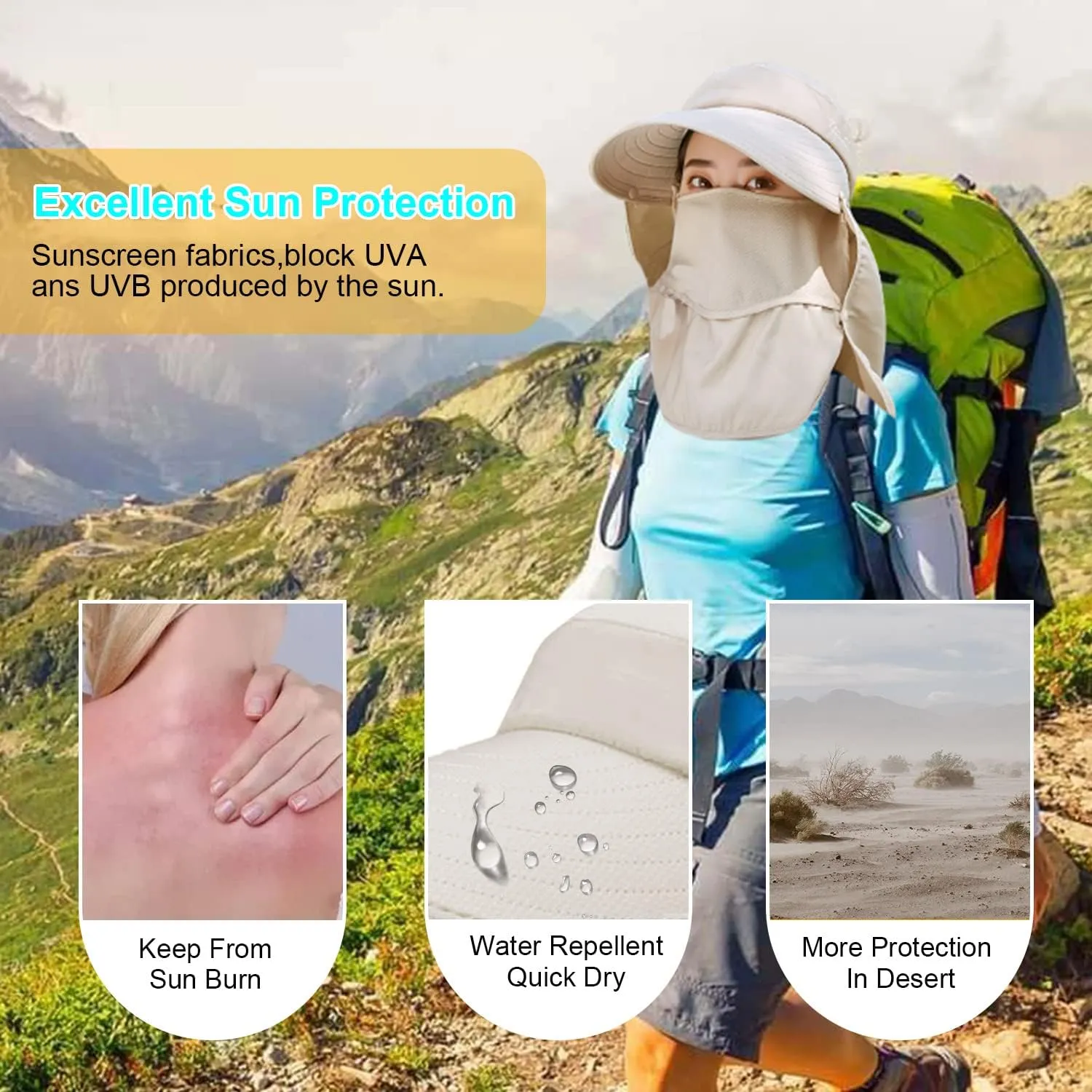 Women Wide Brim Face Mask Sun Hat Detachable Neck Face Flap Ponytail UV Protection Visor Hat Garden Fishing Hiking