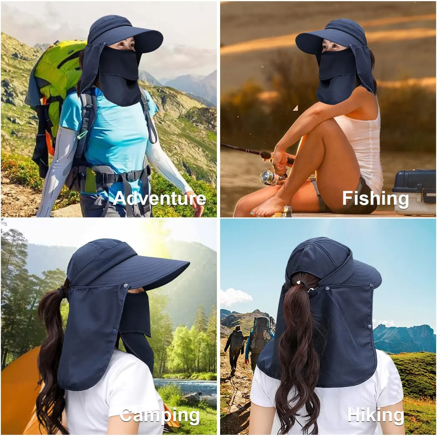 Women Wide Brim Face Mask Sun Hat Detachable Neck Face Flap Ponytail UV Protection Visor Hat Garden Fishing Hiking