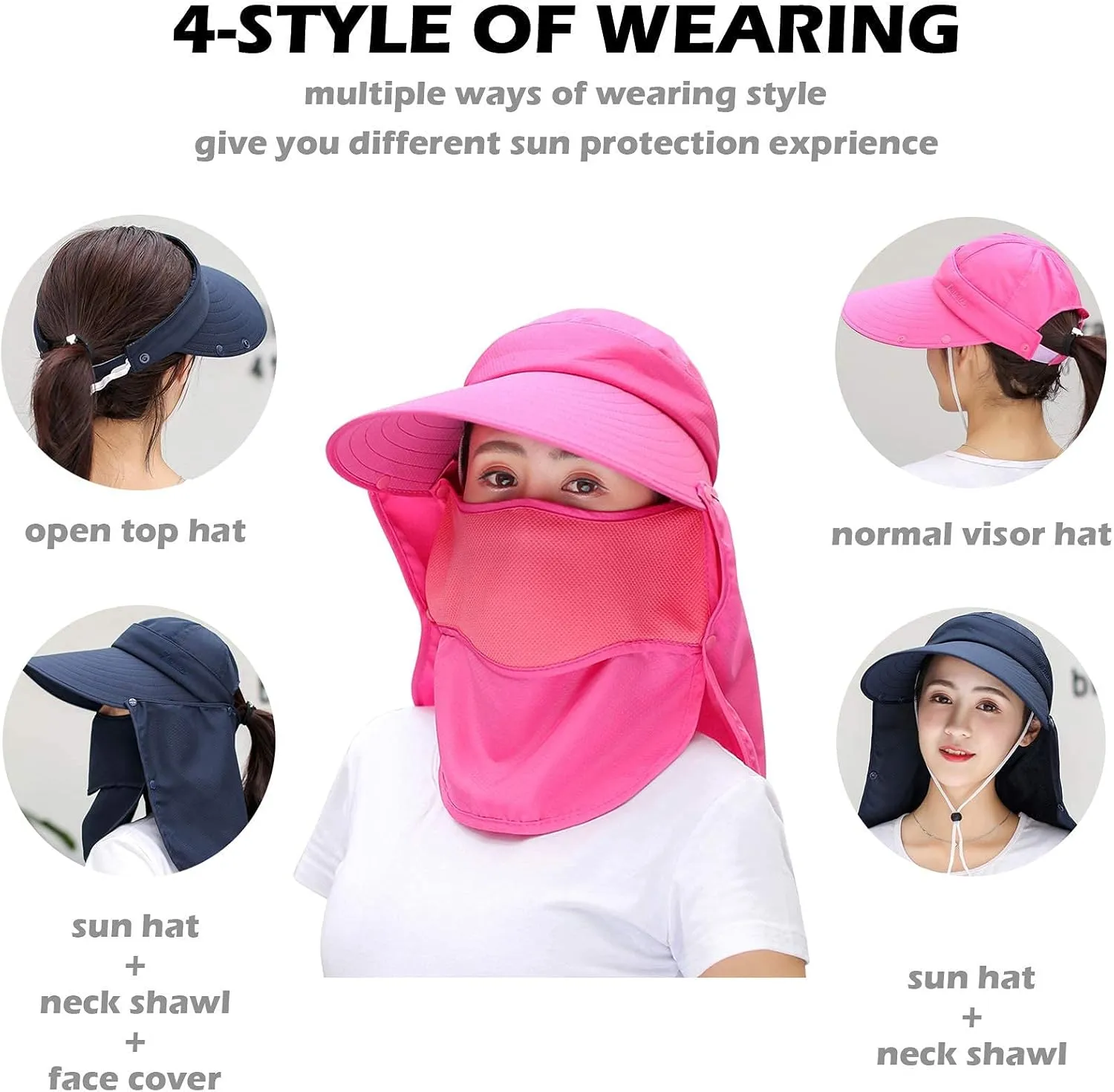 Women Wide Brim Face Mask Sun Hat Detachable Neck Face Flap Ponytail UV Protection Visor Hat Garden Fishing Hiking
