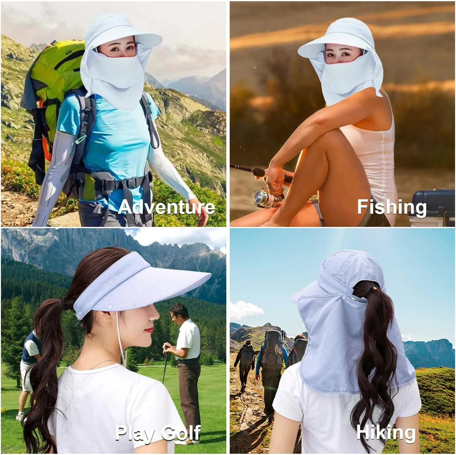 Women Wide Brim Face Mask Sun Hat Detachable Neck Face Flap Ponytail UV Protection Visor Hat Garden Fishing Hiking