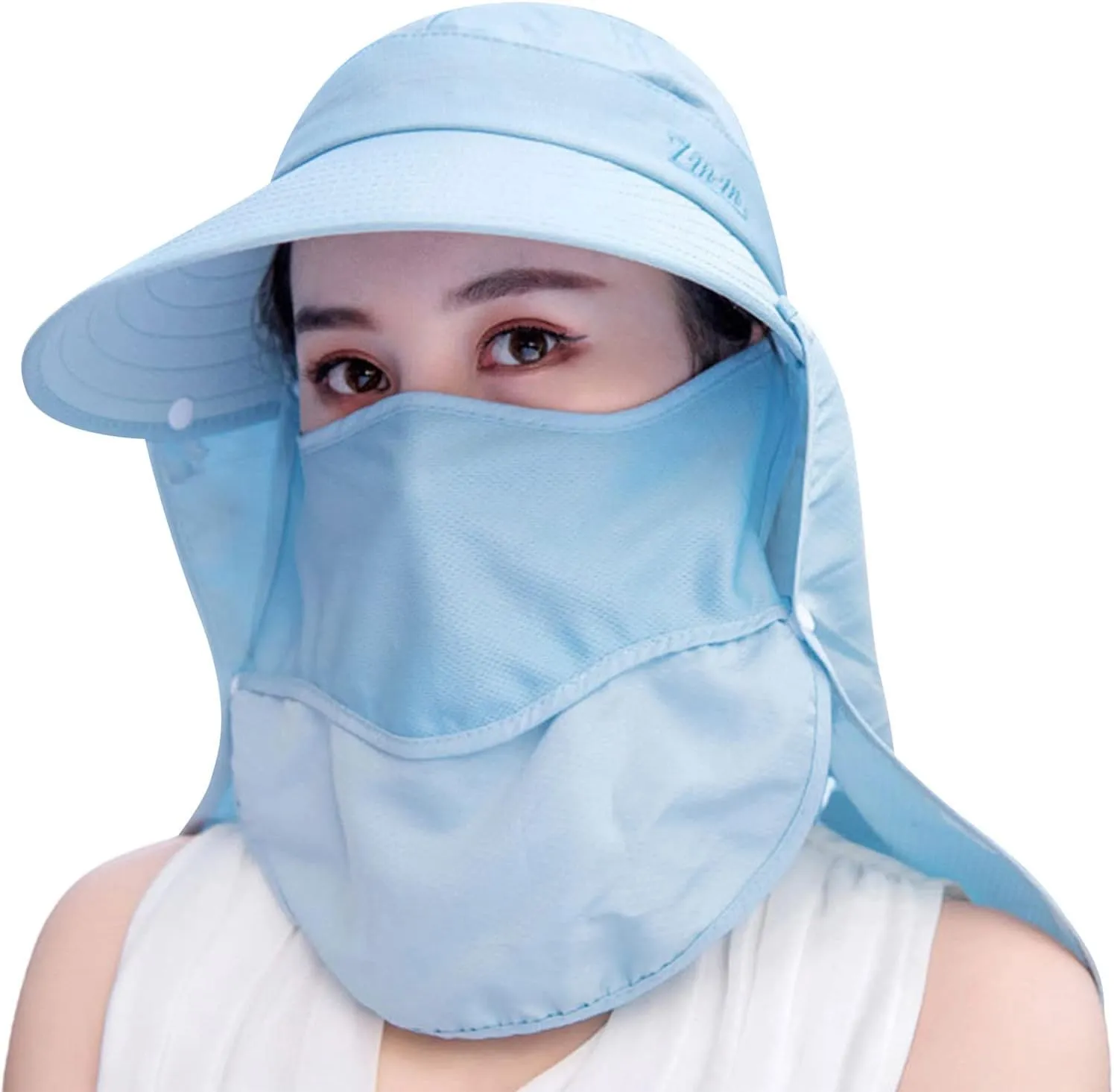 Women Wide Brim Face Mask Sun Hat Detachable Neck Face Flap Ponytail UV Protection Visor Hat Garden Fishing Hiking