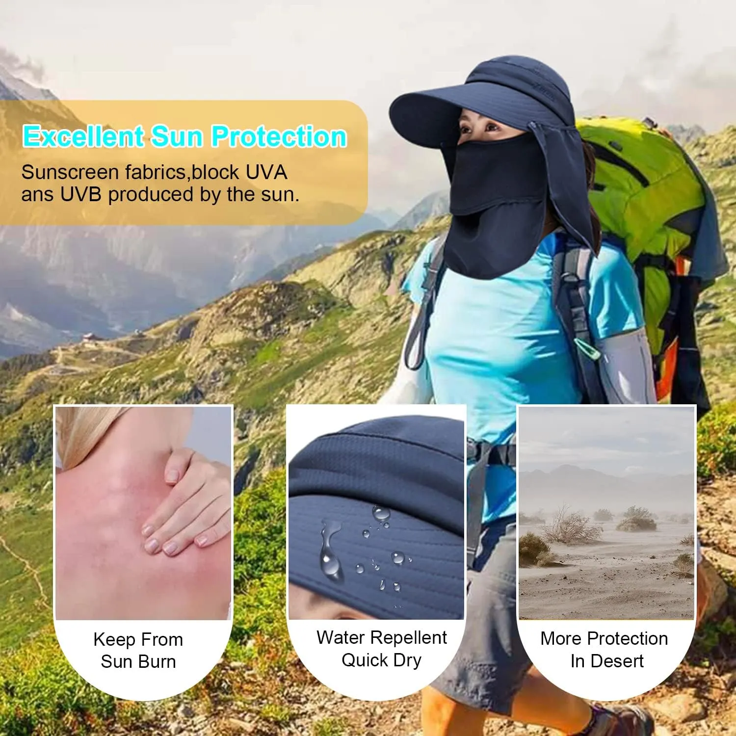 Women Wide Brim Face Mask Sun Hat Detachable Neck Face Flap Ponytail UV Protection Visor Hat Garden Fishing Hiking