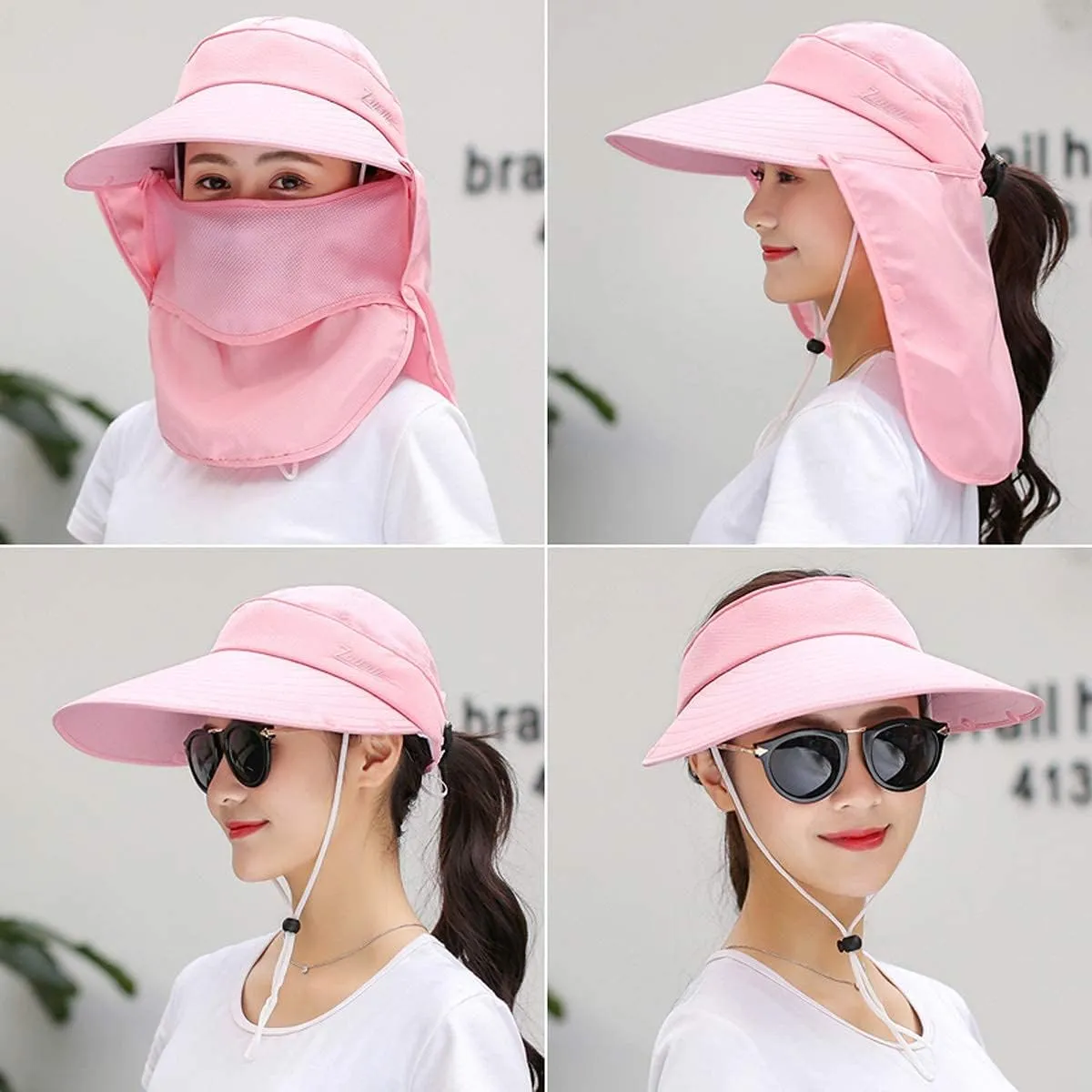 Women Wide Brim Face Mask Sun Hat Detachable Neck Face Flap Ponytail UV Protection Visor Hat Garden Fishing Hiking