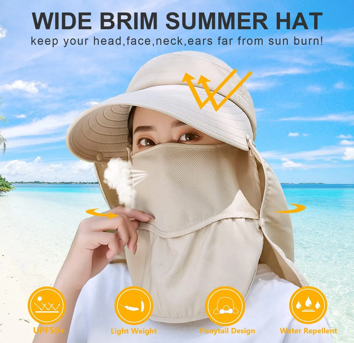 Women Wide Brim Face Mask Sun Hat Detachable Neck Face Flap Ponytail UV Protection Visor Hat Garden Fishing Hiking