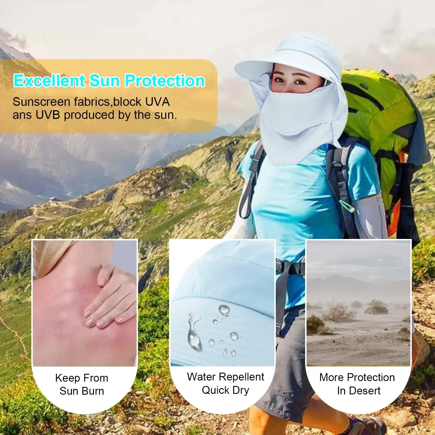 Women Wide Brim Face Mask Sun Hat Detachable Neck Face Flap Ponytail UV Protection Visor Hat Garden Fishing Hiking