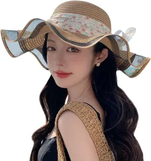 Womens Wide Brim Straw Sun Hats UV Packable Beach Hat Summer Bucket Cap for Travel