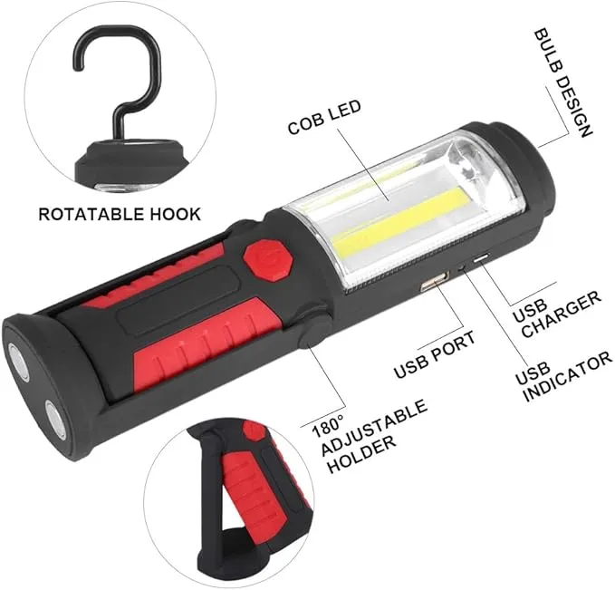 Xinwoer COB LED Flashlight COB Work Light, Rotating Base and Hanging Hook COB Emergency Light, Hiking Household Tool for Camping Emergency Light(red)