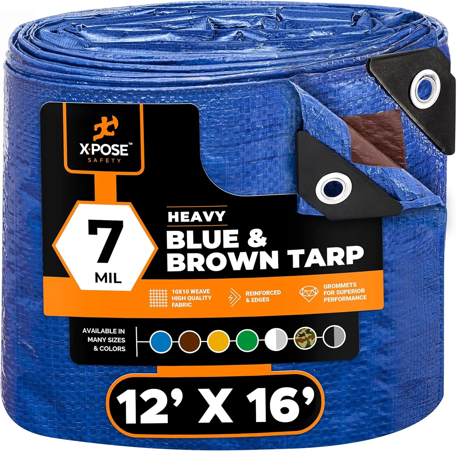 Xpose Safety 12’ x 16’ Heavy Blue/Brown Tarp - Waterproof Tarp - 7 Mil Weatherproof Camping Tarp for Tent, Rain, Wind & Sun - Plastic Tarpaulin Cover Outdoor Tarp for Roof, Trailer, RV, Car, Boat