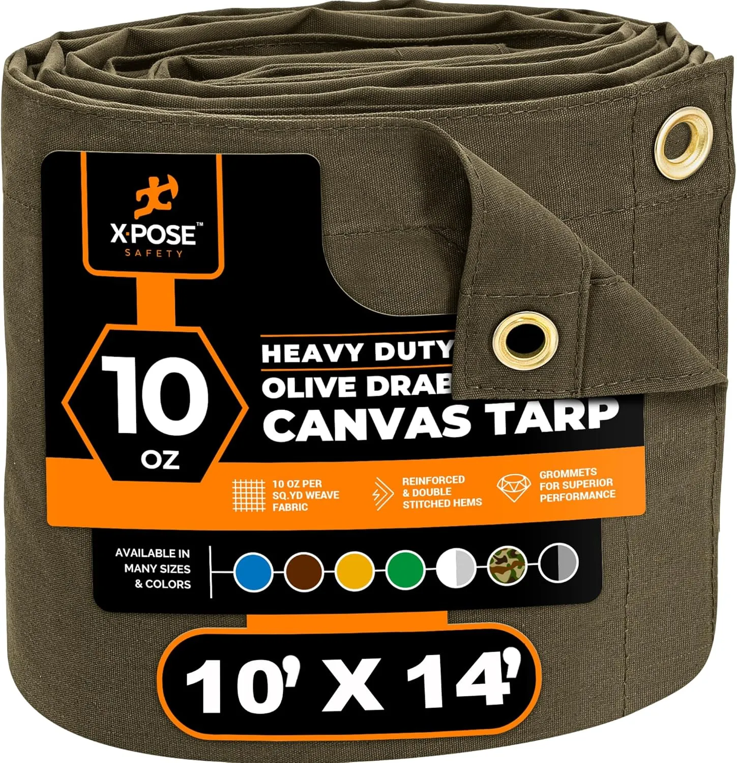 Xpose Safety Canvas Tarp - 10oz Olive Drab Canvas Tarps Heavy Duty Water Resistant with Brass Grommets- Multipurpose Outdoor Tarpaulin for Camping, Canopy, Trailer, Equipment Cover 10' x 14'