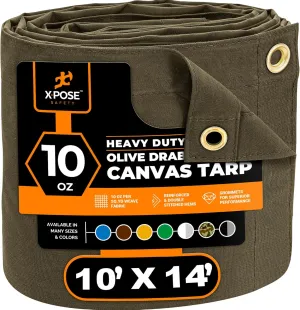 Xpose Safety Canvas Tarp - 10oz Olive Drab Canvas Tarps Heavy Duty Water Resistant with Brass Grommets- Multipurpose Outdoor Tarpaulin for Camping, Canopy, Trailer, Equipment Cover 10' x 14'