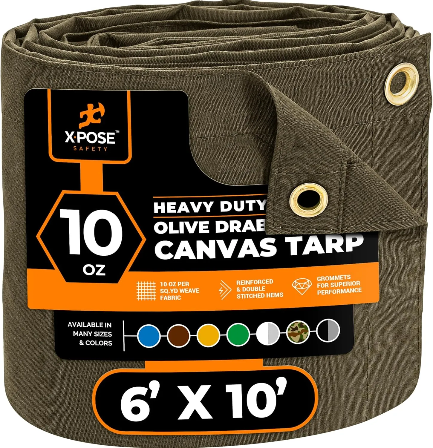 Xpose Safety Canvas Tarp - 10oz Olive Drab Canvas Tarps Heavy Duty Water Resistant with Brass Grommets- Multipurpose Outdoor Tarpaulin for Camping, Canopy, Trailer, Equipment Cover 6' x 10'