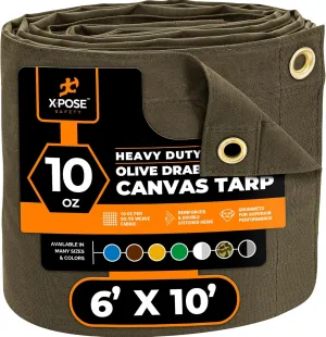Xpose Safety Canvas Tarp - 10oz Olive Drab Canvas Tarps Heavy Duty Water Resistant with Brass Grommets- Multipurpose Outdoor Tarpaulin for Camping, Canopy, Trailer, Equipment Cover 6' x 10'
