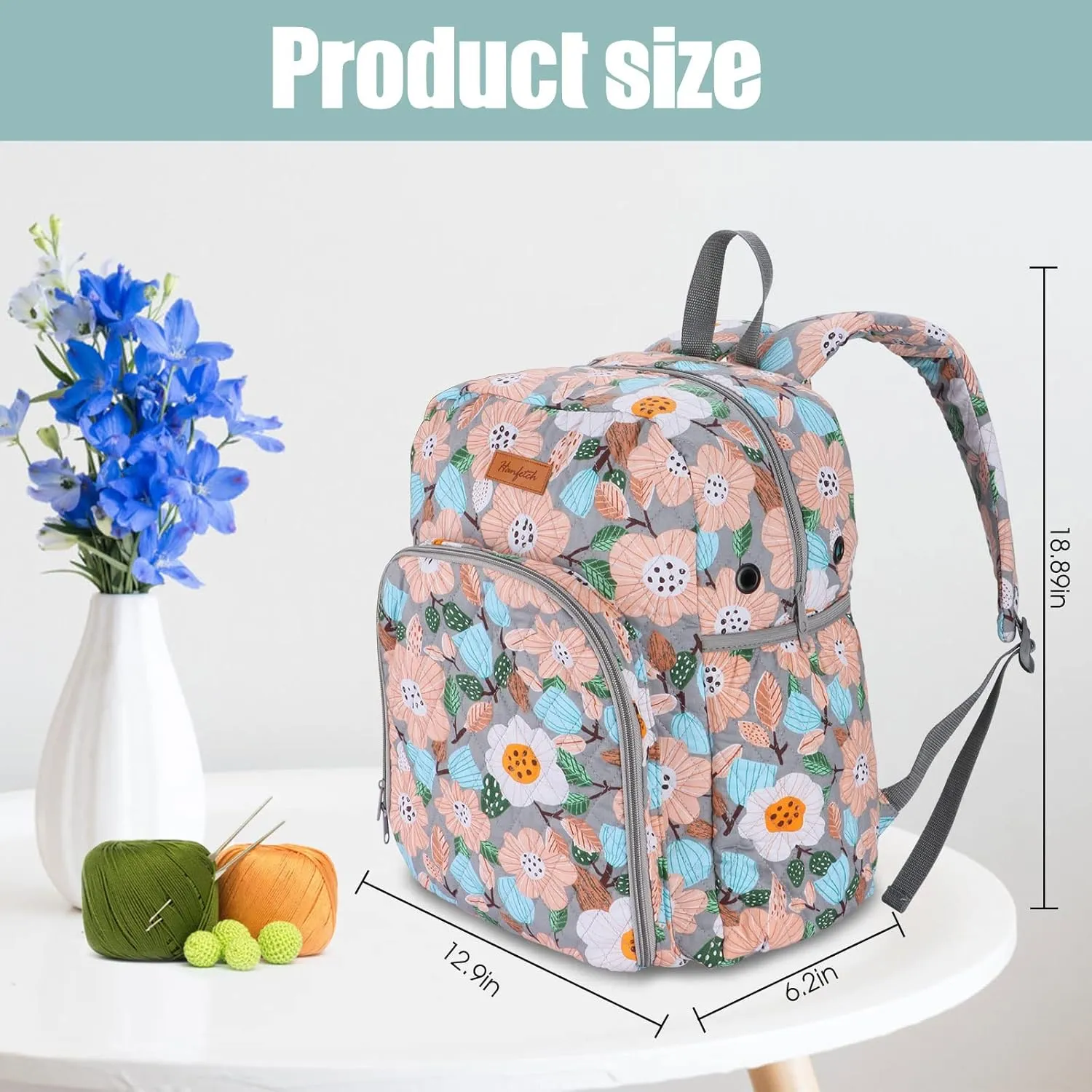 Yarn Storage Organizer Knitting Bag Backpack - Large Size with Grommets, Portable for Yarn Skeins, Crochet Hooks, Knitting Needles and Other Accessories (Flower-Grey)
