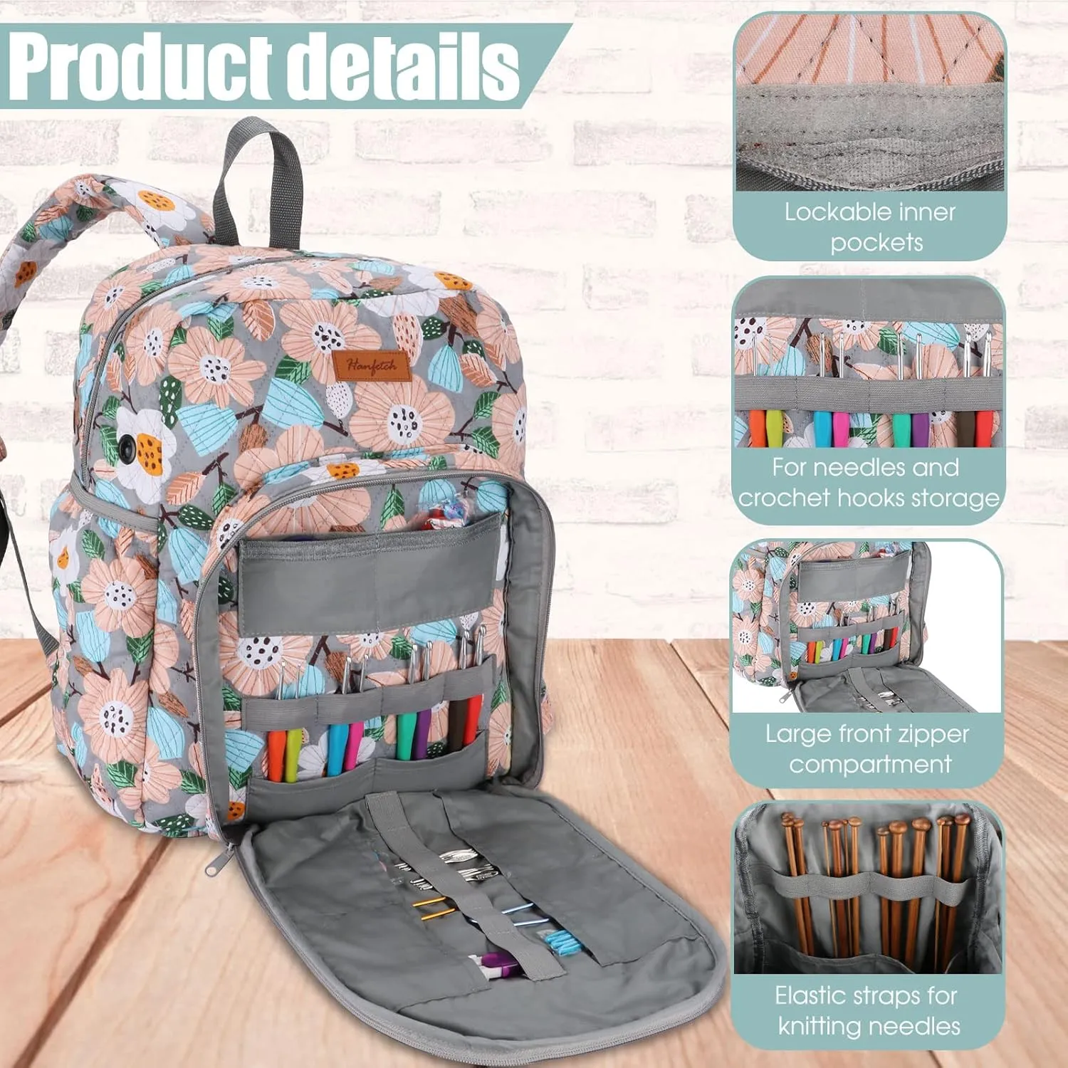 Yarn Storage Organizer Knitting Bag Backpack - Large Size with Grommets, Portable for Yarn Skeins, Crochet Hooks, Knitting Needles and Other Accessories (Flower-Grey)