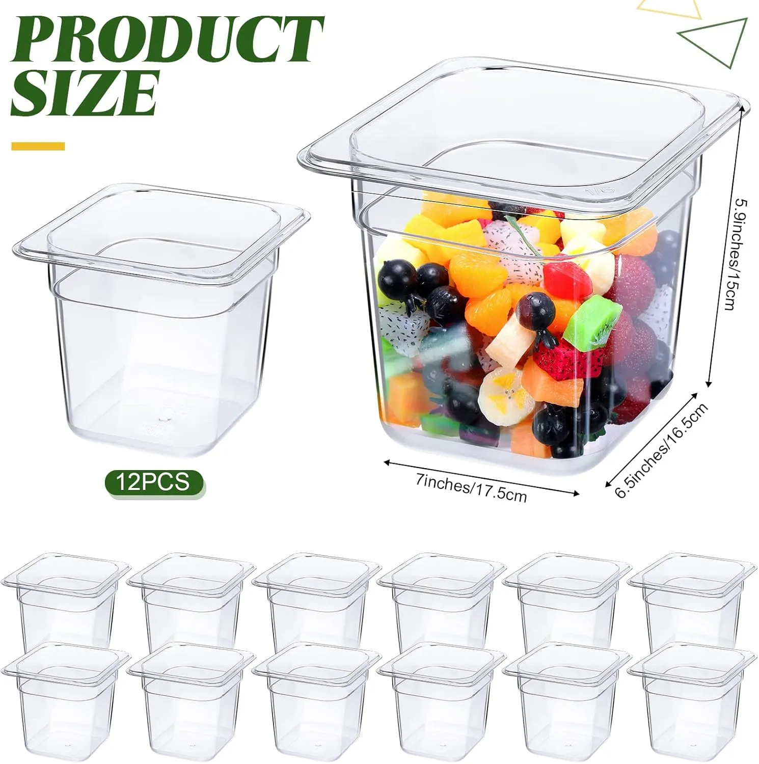 Yinder 12 Packs Plastic Clear Food Pans 1/6 Size Stackable Polycarbonate Food Containers with Capacity Indicator Restaurant Commercial Hotel Pan for Fruits Vegetables Beans Corns(6'' Deep)