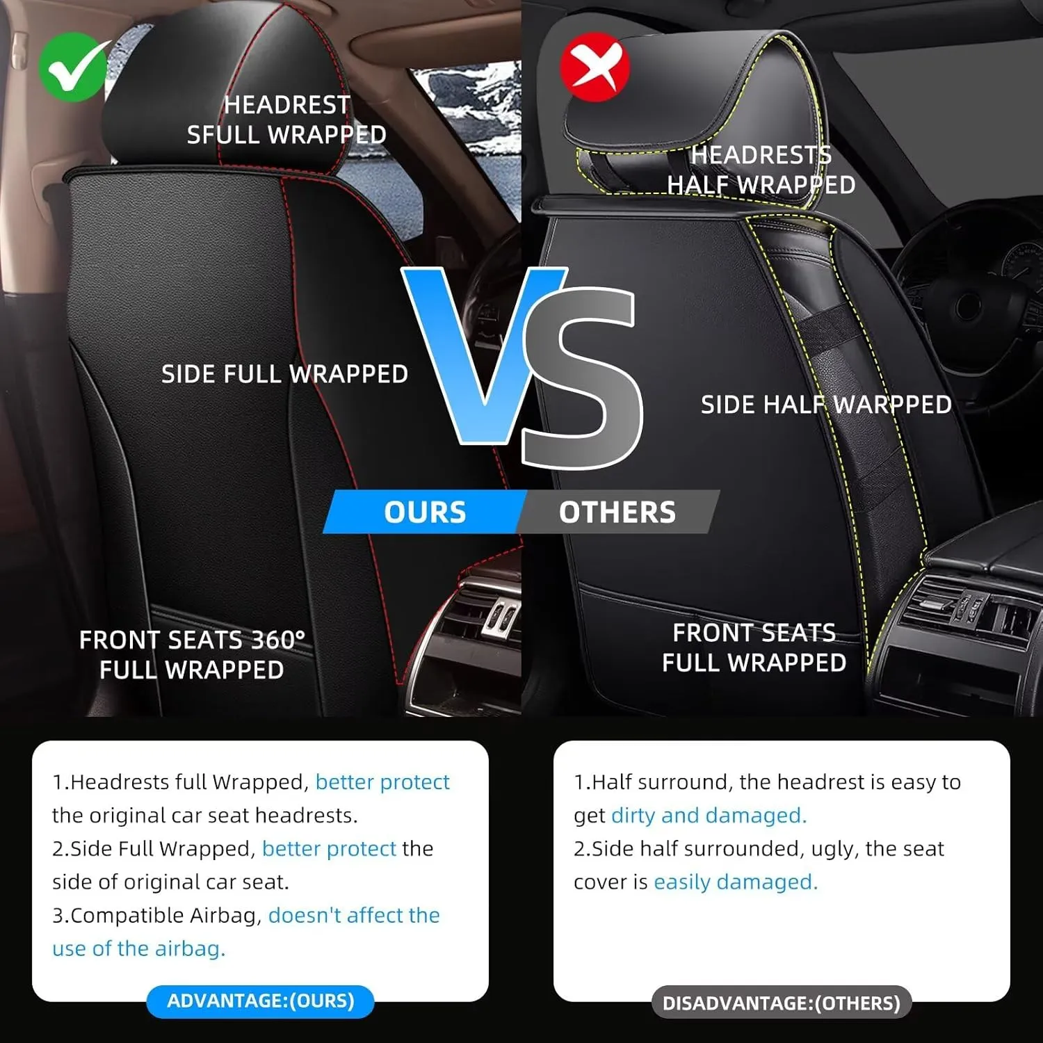 YORKNEIC 2 Front Car Seat Covers for Subaru WRX 2015-2023 2024 2025 Faux Leather Waterproof Seat Covers Automotive Seat Protectors Cushions with Airbag Compatible(2 Front Seat,Black&Beige)