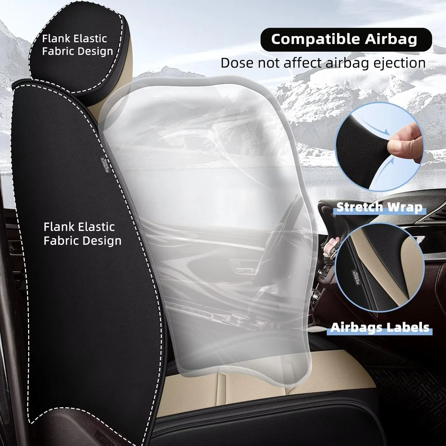 YORKNEIC 2 Front Car Seat Covers for Subaru WRX 2015-2023 2024 2025 Faux Leather Waterproof Seat Covers Automotive Seat Protectors Cushions with Airbag Compatible(2 Front Seat,Black&Beige)