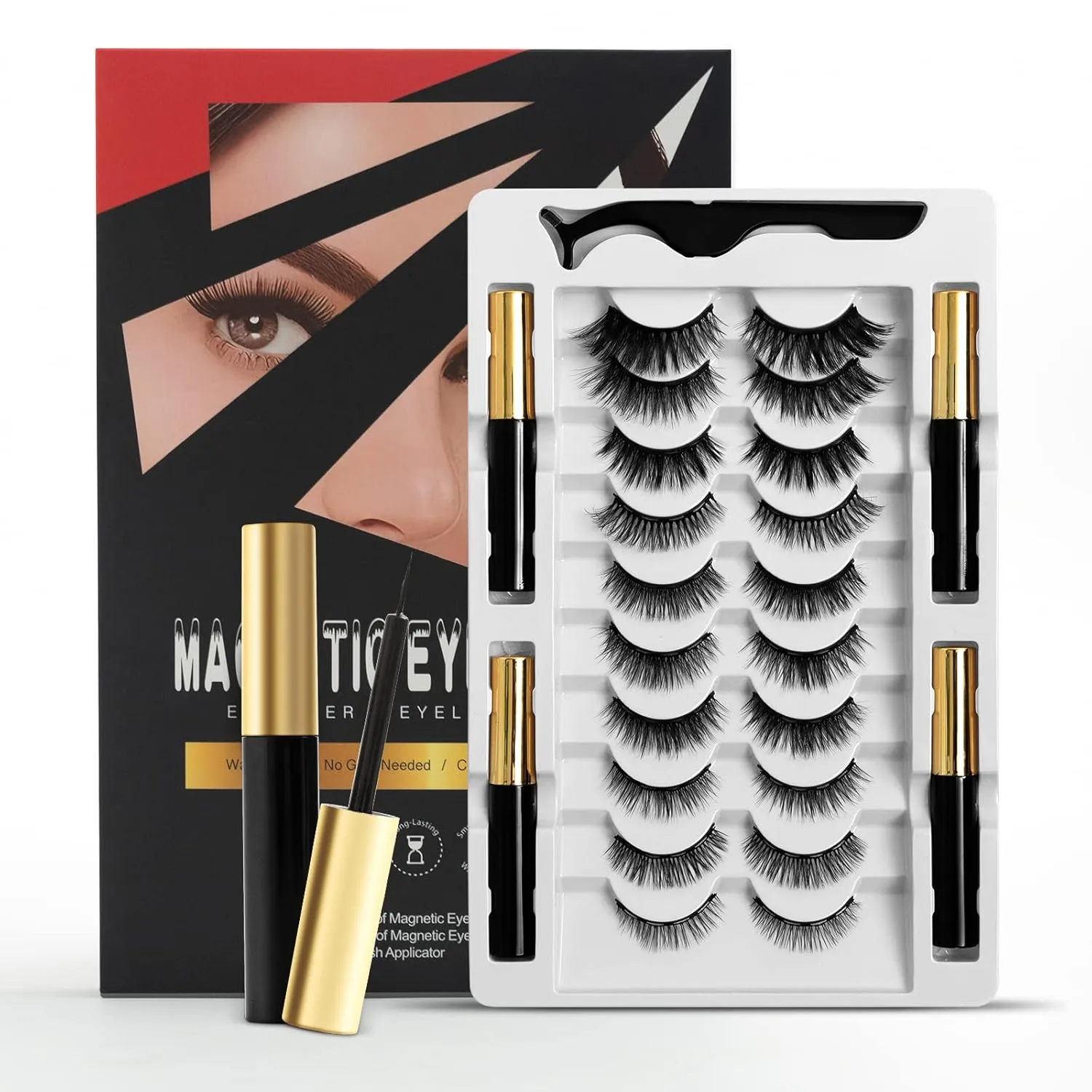 YUHYtop Natural Magnetic Eyelashes, Magnetic Eyelashes Natural Look, 10 Pairs Reusable Eye Lashes 4 Tubes of Eyeliner with Tweezer, Reusable Fake Eyelashes with Tweezer