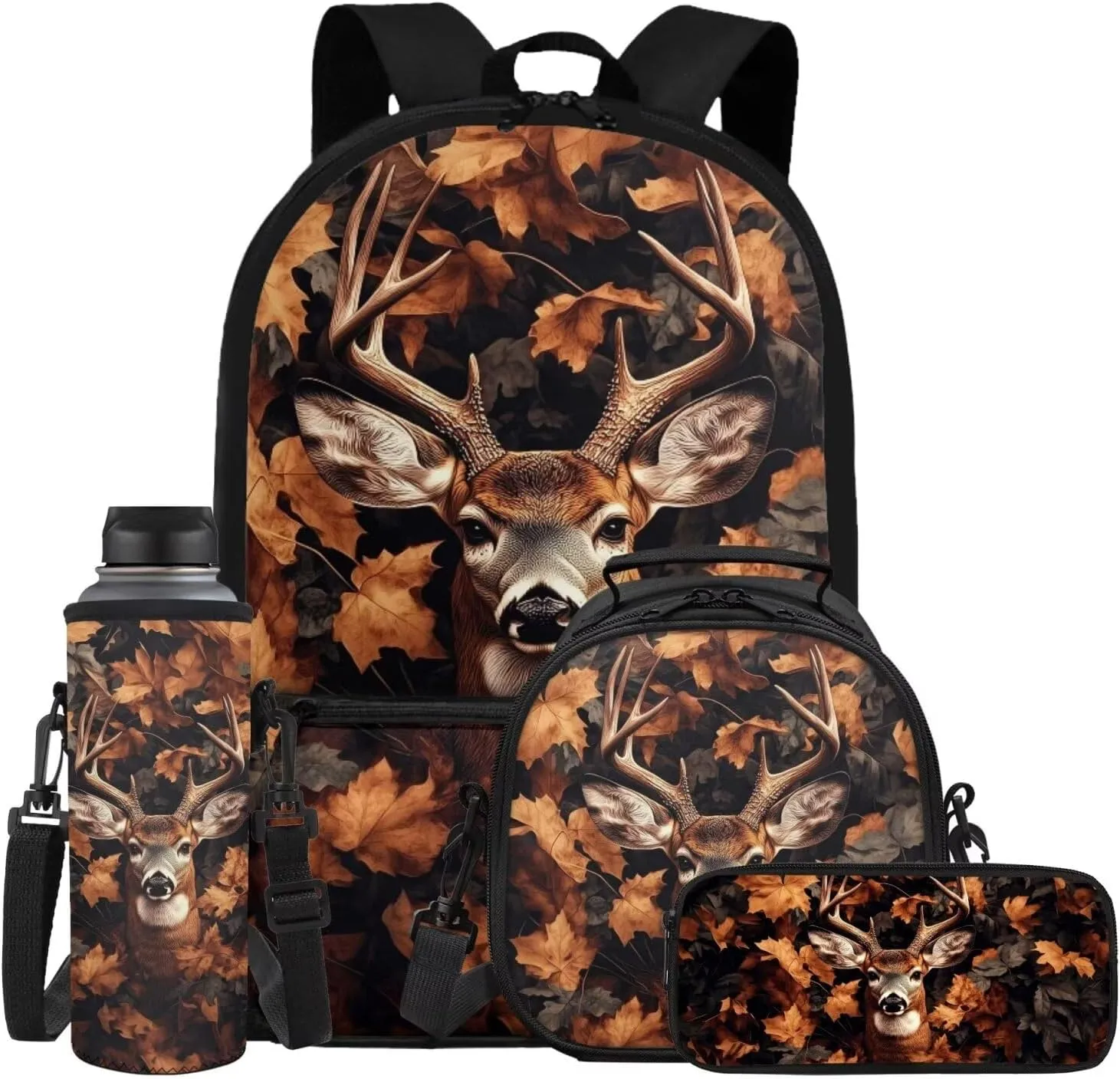 ZFRXIGN Camo Deer Forest Backpack for Girls Back to School Bookbag with Lunch Bag Pencil Case Water Bottle Sleeve Elementary Travel 4 pack Schoolbag Sets Hunting Animal Brown