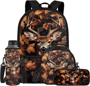 ZFRXIGN Camo Deer Forest Backpack for Girls Back to School Bookbag with Lunch Bag Pencil Case Water Bottle Sleeve Elementary Travel 4 pack Schoolbag Sets Hunting Animal Brown