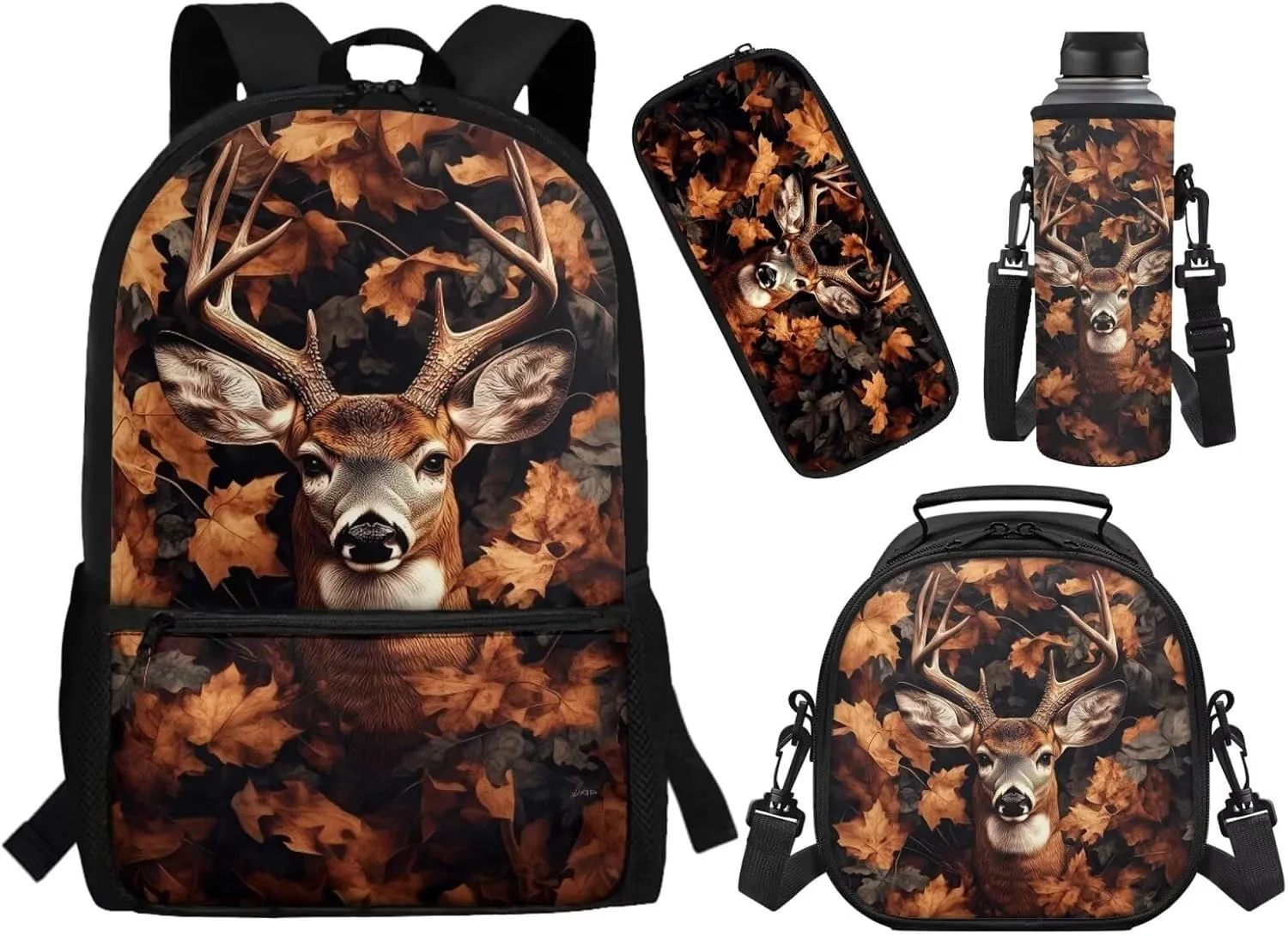 ZFRXIGN Camo Deer Forest Backpack for Girls Back to School Bookbag with Lunch Bag Pencil Case Water Bottle Sleeve Elementary Travel 4 pack Schoolbag Sets Hunting Animal Brown