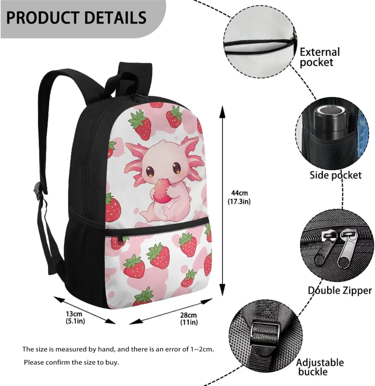 ZFRXIGN Strawberry Axolotl Backpack for Girls Back to School Cute Bookbag with Lunch Bag Pencil Pouch Water Bottle Cover Toddler Elementary 4 pack School Bag Travel Sport Outdoor