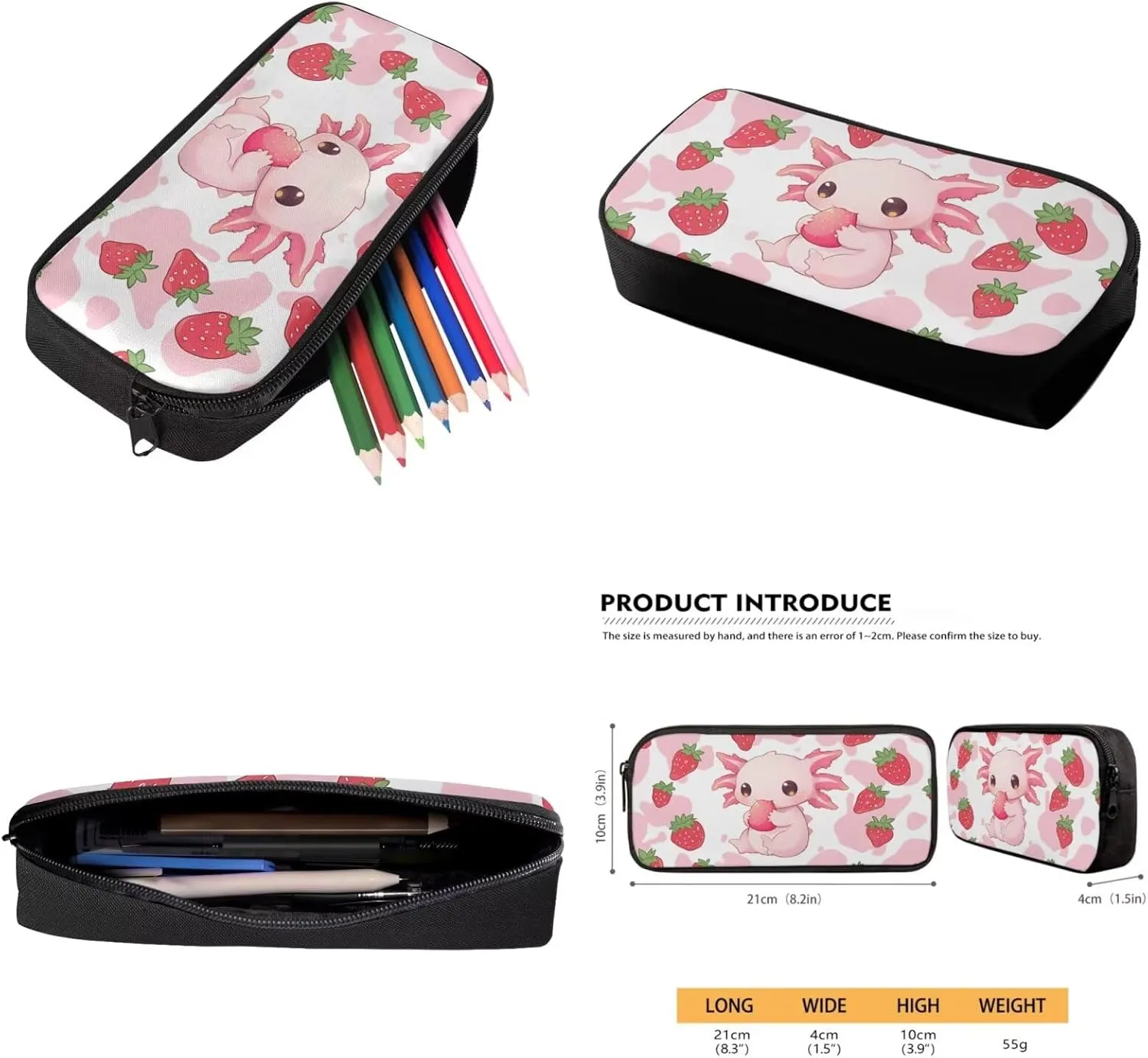 ZFRXIGN Strawberry Axolotl Backpack for Girls Back to School Cute Bookbag with Lunch Bag Pencil Pouch Water Bottle Cover Toddler Elementary 4 pack School Bag Travel Sport Outdoor
