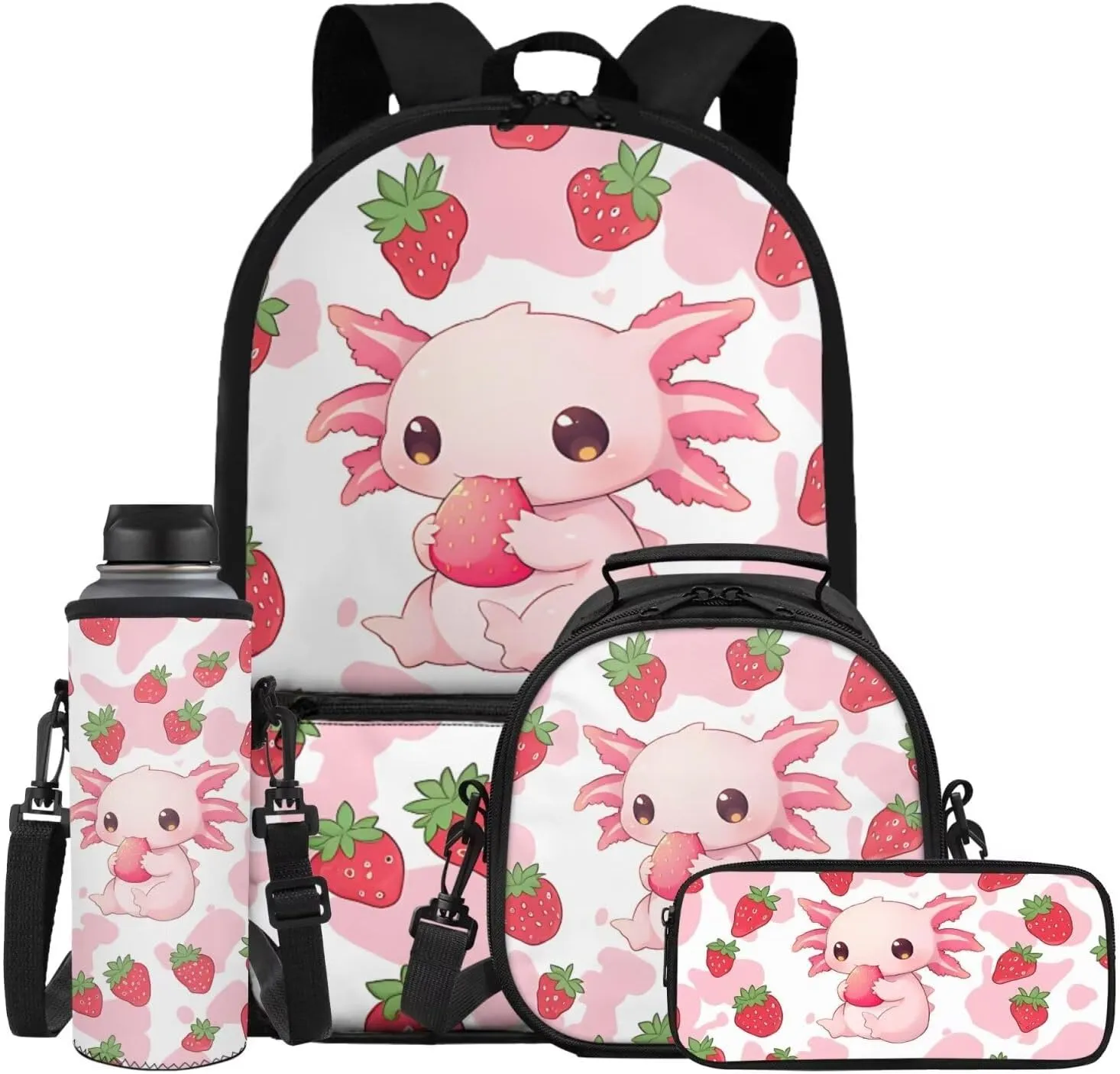 ZFRXIGN Strawberry Axolotl Backpack for Girls Back to School Cute Bookbag with Lunch Bag Pencil Pouch Water Bottle Cover Toddler Elementary 4 pack School Bag Travel Sport Outdoor