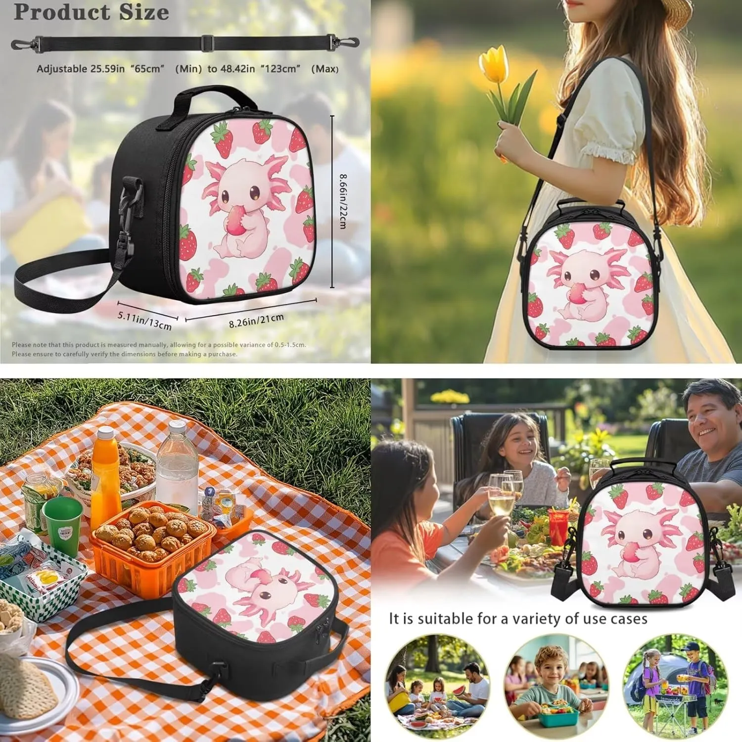ZFRXIGN Strawberry Axolotl Backpack for Girls Back to School Cute Bookbag with Lunch Bag Pencil Pouch Water Bottle Cover Toddler Elementary 4 pack School Bag Travel Sport Outdoor