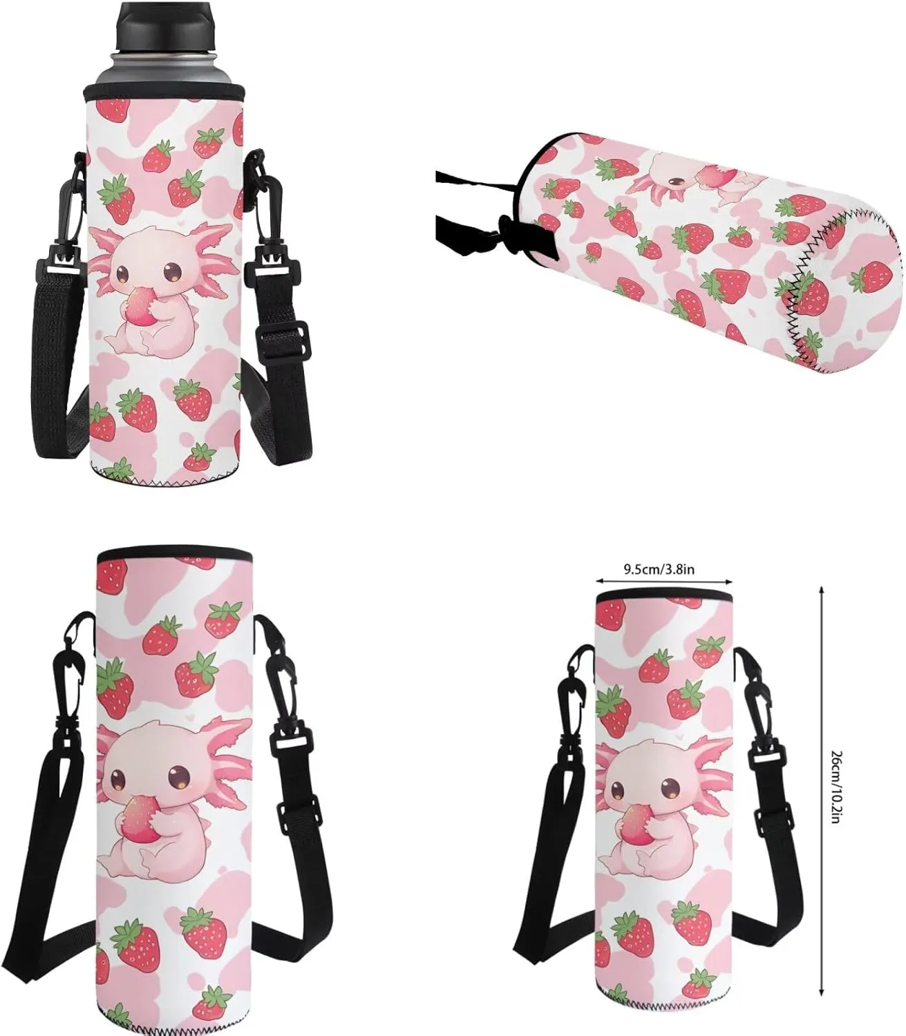 ZFRXIGN Strawberry Axolotl Backpack for Girls Back to School Cute Bookbag with Lunch Bag Pencil Pouch Water Bottle Cover Toddler Elementary 4 pack School Bag Travel Sport Outdoor