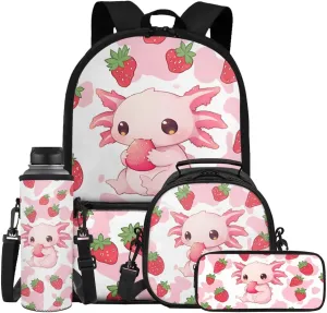 ZFRXIGN Strawberry Axolotl Backpack for Girls Back to School Cute Bookbag with Lunch Bag Pencil Pouch Water Bottle Cover Toddler Elementary 4 pack School Bag Travel Sport Outdoor