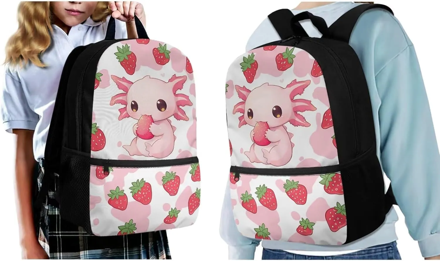 ZFRXIGN Strawberry Axolotl Backpack for Girls Back to School Cute Bookbag with Lunch Bag Pencil Pouch Water Bottle Cover Toddler Elementary 4 pack School Bag Travel Sport Outdoor