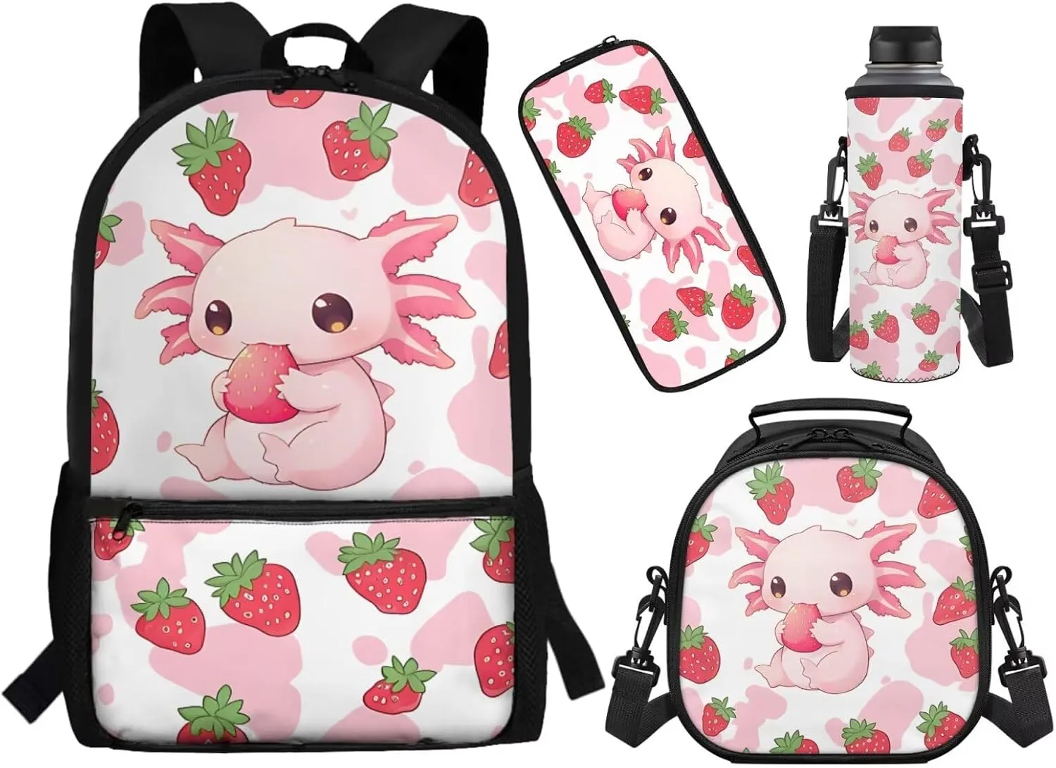 ZFRXIGN Strawberry Axolotl Backpack for Girls Back to School Cute Bookbag with Lunch Bag Pencil Pouch Water Bottle Cover Toddler Elementary 4 pack School Bag Travel Sport Outdoor