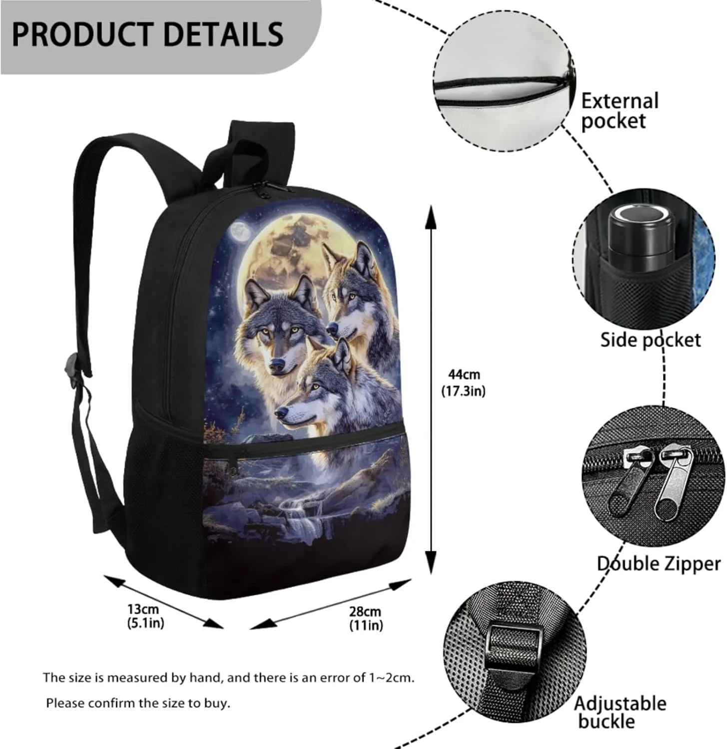ZFRXIGN Wolf Backpack for School Bookbag with Lunch Bag Zipper Pencil Pouch Elementary School Bag Set 17 Inch Travel Backbag Front Pockets Rucksack Moon Night